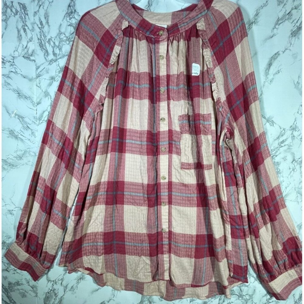 Time And Tru Maternity Pink Plaid Button-Up Top L (12-14) Rayon Blend